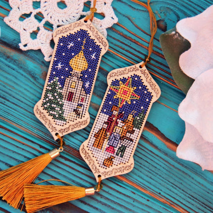 DIY Cross stitch kit on wood "Christmas Time" 3.9x1.8 in / 10.0x4.5 cm
