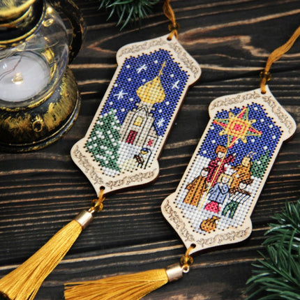 DIY Cross stitch kit on wood "Christmas Time" 3.9x1.8 in / 10.0x4.5 cm