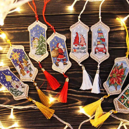 DIY Cross stitch kit on wood "Christmas  Eve" 3.9x1.8 in / 10.0x4.5 cm