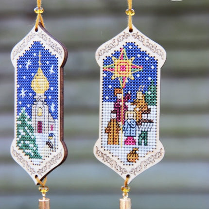 DIY Cross stitch kit on wood "Christmas Time" 3.9x1.8 in / 10.0x4.5 cm