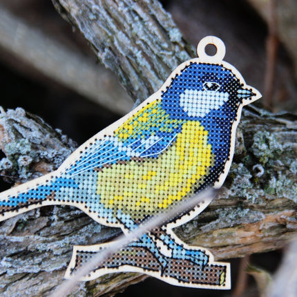 DIY Cross stitch kit on wood "Chickadee" 5.1x3.9 in / 13.0x10.0 cm