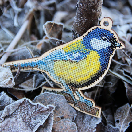DIY Cross stitch kit on wood "Chickadee" 5.1x3.9 in / 13.0x10.0 cm