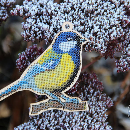 DIY Cross stitch kit on wood "Chickadee" 5.1x3.9 in / 13.0x10.0 cm