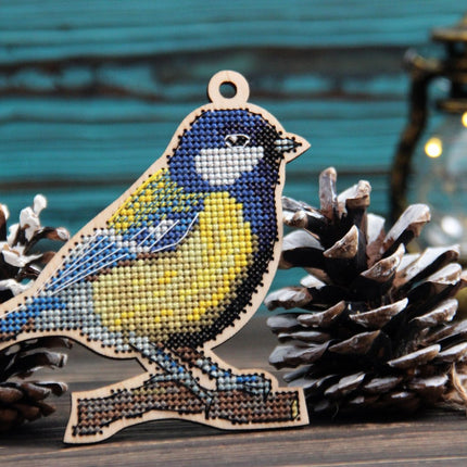 DIY Cross stitch kit on wood "Chickadee" 5.1x3.9 in / 13.0x10.0 cm