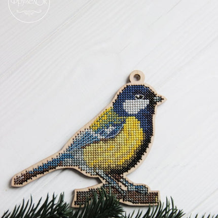 DIY Cross stitch kit on wood "Chickadee" 5.1x3.9 in / 13.0x10.0 cm