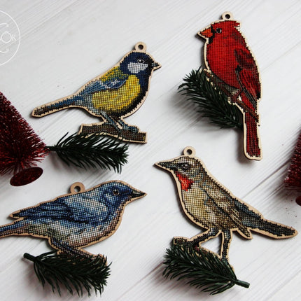 DIY Cross stitch kit on wood "Chickadee" 5.1x3.9 in / 13.0x10.0 cm