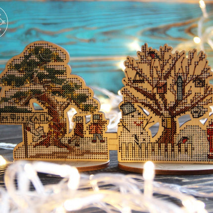 DIY Cross stitch kit on wood "Winter Outskirts" 3.9x3.9 in / 10.0x10.0 cm