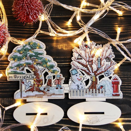 DIY Cross stitch kit on wood "Winter Outskirts" 3.9x3.9 in / 10.0x10.0 cm
