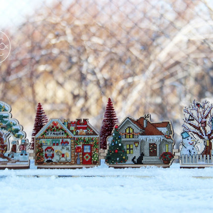 DIY Cross stitch kit on wood "Winter Outskirts" 3.9x3.9 in / 10.0x10.0 cm