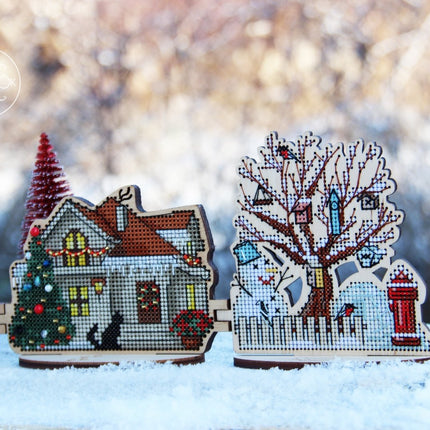 DIY Cross stitch kit on wood "Winter Outskirts" 3.9x3.9 in / 10.0x10.0 cm