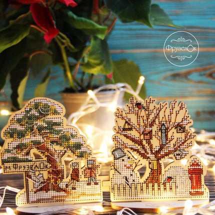 DIY Cross stitch kit on wood "Winter Outskirts" 3.9x3.9 in / 10.0x10.0 cm