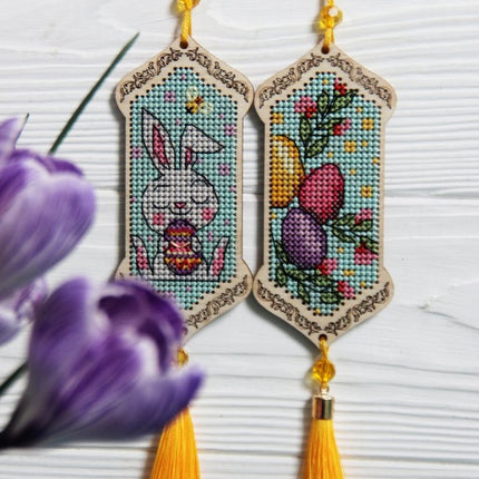 DIY Cross stitch kit on wood "Easter Bunny" 3.9x1.8 in / 10.0x4.5 cm