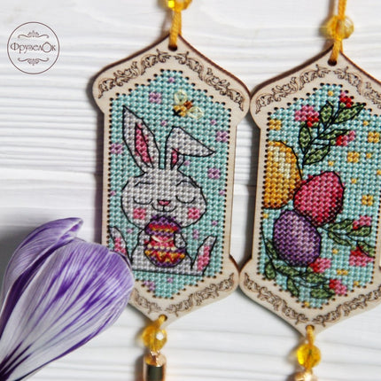 DIY Cross stitch kit on wood "Easter Bunny" 3.9x1.8 in / 10.0x4.5 cm