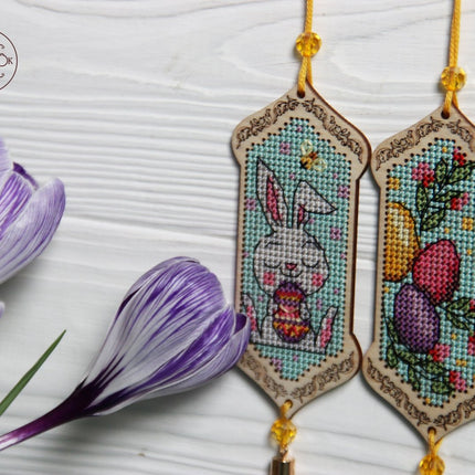 DIY Cross stitch kit on wood "Easter Bunny" 3.9x1.8 in / 10.0x4.5 cm