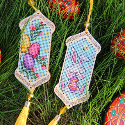 DIY Cross stitch kit on wood "Easter Bunny" 3.9x1.8 in / 10.0x4.5 cm