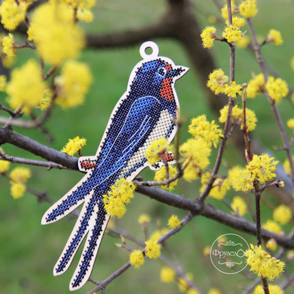 DIY Cross stitch kit on wood "Swallow" 3.9x5.9 in / 10.0x15.0 cm