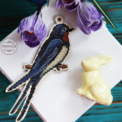 DIY Cross stitch kit on wood "Swallow" 3.9x5.9 in / 10.0x15.0 cm