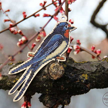 DIY Cross stitch kit on wood "Swallow" 3.9x5.9 in / 10.0x15.0 cm