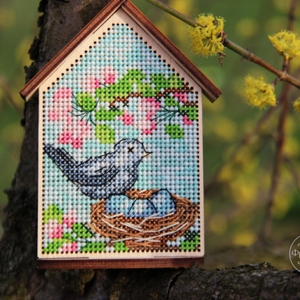 DIY Cross stitch kit on wood "Spring" 2.6x4.1 in / 6.5x10.5 cm
