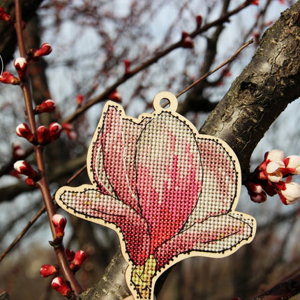 DIY Cross stitch kit on wood "Magnolia" 3.7x3.9 in / 9.5x10.0 cm
