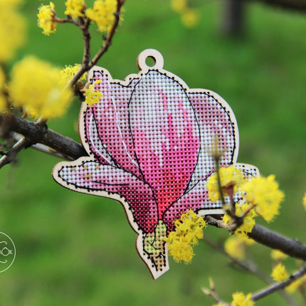 DIY Cross stitch kit on wood "Magnolia" 3.7x3.9 in / 9.5x10.0 cm