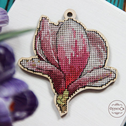 DIY Cross stitch kit on wood "Magnolia" 3.7x3.9 in / 9.5x10.0 cm