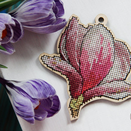 DIY Cross stitch kit on wood "Magnolia" 3.7x3.9 in / 9.5x10.0 cm
