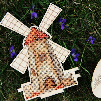 DIY Cross stitch kit on wood "Mill" 5.1x3.7 in / 13.0x9.5 cm