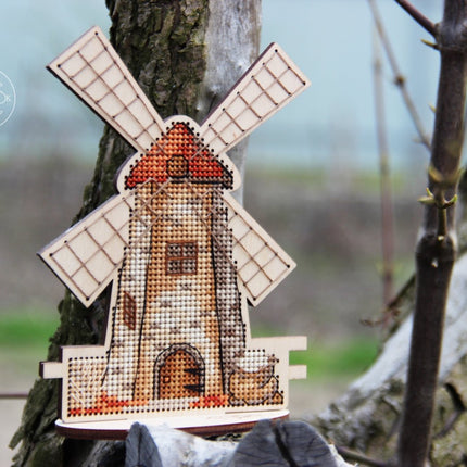 DIY Cross stitch kit on wood "Mill" 5.1x3.7 in / 13.0x9.5 cm
