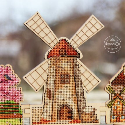 DIY Cross stitch kit on wood "Mill" 5.1x3.7 in / 13.0x9.5 cm