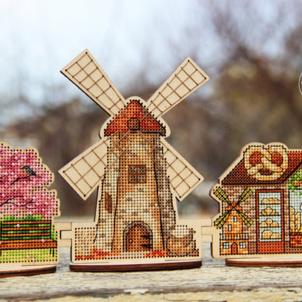 DIY Cross stitch kit on wood "Mill" 5.1x3.7 in / 13.0x9.5 cm