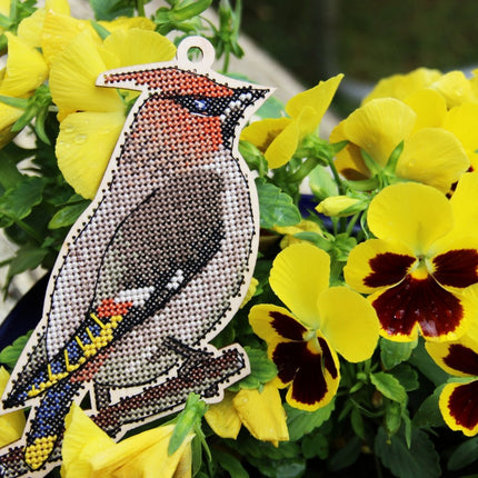DIY Cross stitch kit on wood "Waxwing" 3.9x4.7 in / 10.0x12.0 cm