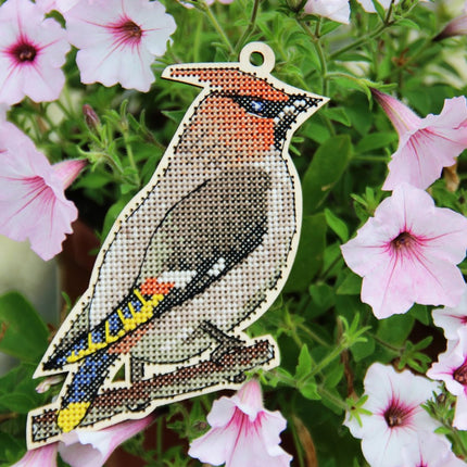DIY Cross stitch kit on wood "Waxwing" 3.9x4.7 in / 10.0x12.0 cm