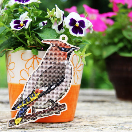 DIY Cross stitch kit on wood "Waxwing" 3.9x4.7 in / 10.0x12.0 cm