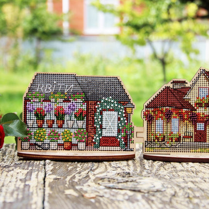 DIY Cross stitch kit on wood "Flower Shop" 4.7x3.0 in / 12.0x7.5 cm