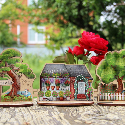 DIY Cross stitch kit on wood "Flower Shop" 4.7x3.0 in / 12.0x7.5 cm
