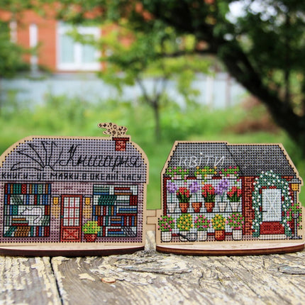 DIY Cross stitch kit on wood "Flower Shop" 4.7x3.0 in / 12.0x7.5 cm