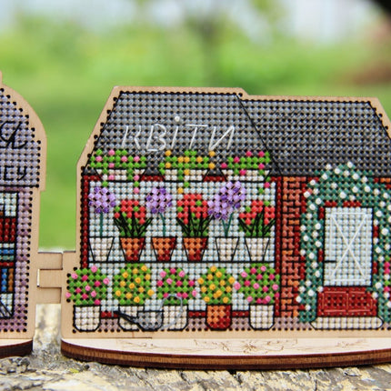 DIY Cross stitch kit on wood "Flower Shop" 4.7x3.0 in / 12.0x7.5 cm