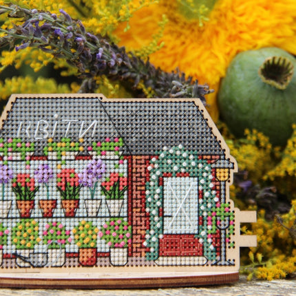 DIY Cross stitch kit on wood "Flower Shop" 4.7x3.0 in / 12.0x7.5 cm