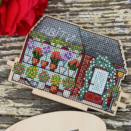 DIY Cross stitch kit on wood "Flower Shop" 4.7x3.0 in / 12.0x7.5 cm