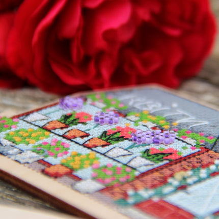 DIY Cross stitch kit on wood "Flower Shop" 4.7x3.0 in / 12.0x7.5 cm