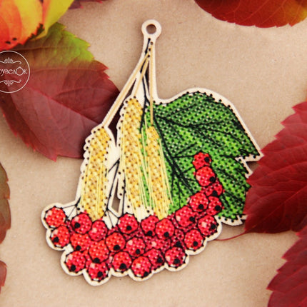 DIY Cross stitch kit on wood "Viburnum" 3.9x3.3 in / 10.0x8.5 cm