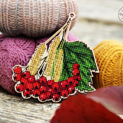 DIY Cross stitch kit on wood "Viburnum" 3.9x3.3 in / 10.0x8.5 cm