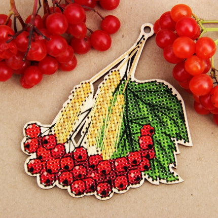 DIY Cross stitch kit on wood "Viburnum" 3.9x3.3 in / 10.0x8.5 cm