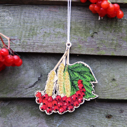 DIY Cross stitch kit on wood "Viburnum" 3.9x3.3 in / 10.0x8.5 cm