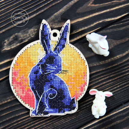 DIY Cross stitch kit on wood "Rabbit" 4.3x3.5 in / 11.0x9.0 cm