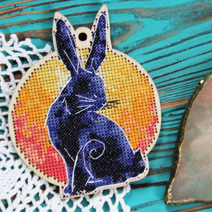 DIY Cross stitch kit on wood "Rabbit" 4.3x3.5 in / 11.0x9.0 cm