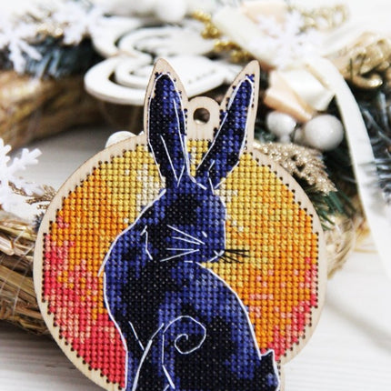 DIY Cross stitch kit on wood "Rabbit" 4.3x3.5 in / 11.0x9.0 cm
