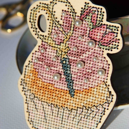 DIY Cross stitch kit on wood "Scissors" 4.3x3.0 in / 11.0x7.5 cm