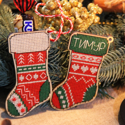 DIY Cross stitch kit on wood "Socks" 3.9x2.0 in / 10.0x5.0 cm